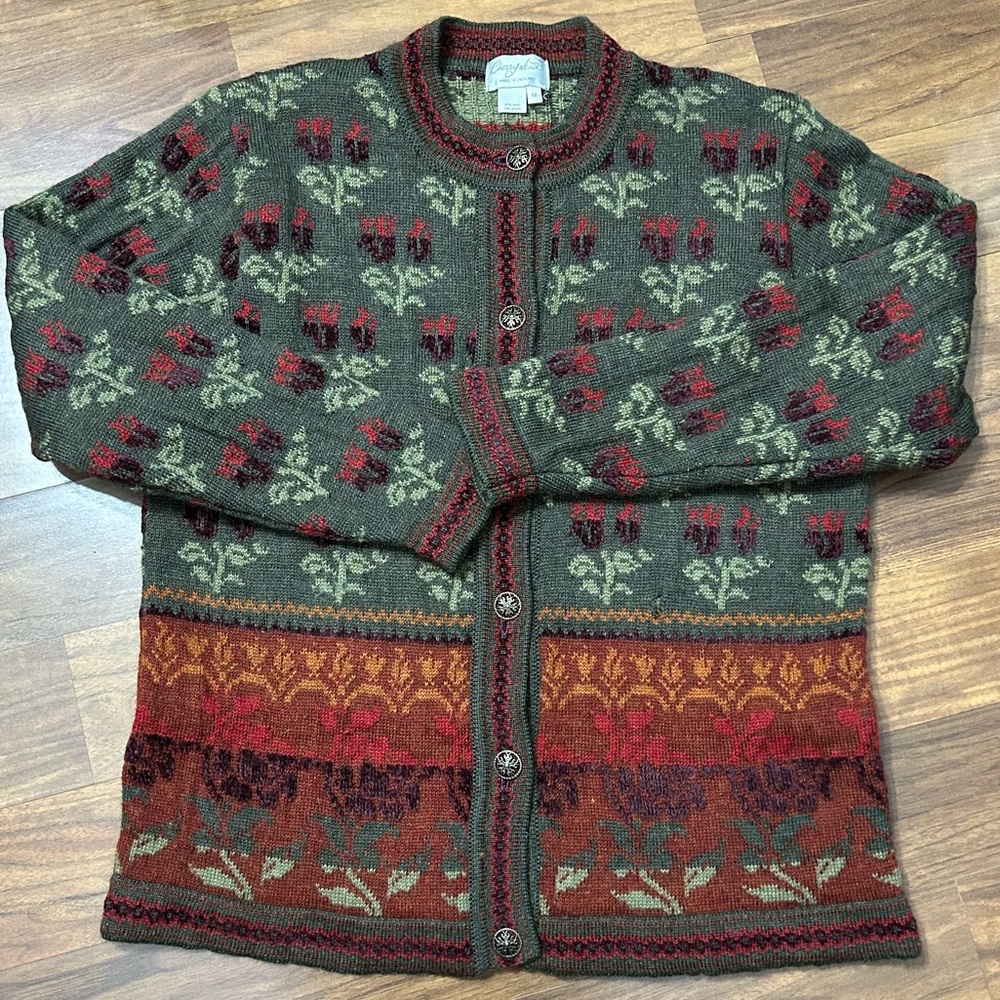 Vintage Cherry Lewis Women's M Wool Blend Floral Nordic Patter Cardigan Sweater - Picture 4 of 13